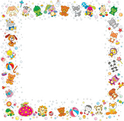 Christmas and New Year background and frame border with cartoony toy baby animals, gifts, sweets, flying snowflakes and snowballs, vector cartoon illustration on white
