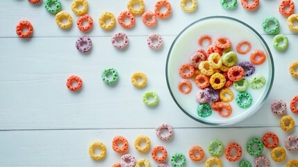 Colorful cereal loops scattered across a white wooden table with a glass of milk in the background