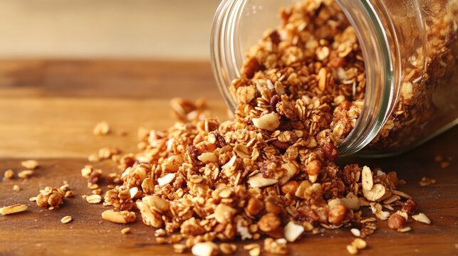 Close-up of crunchy granola clusters spilling from a mason jar onto a wooden surface - Powered by Adobe