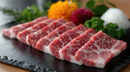 High-quality marbled beef slices showcased on a black slate plate adorned with colorful flowers and fresh greenery, highlighting luxury
