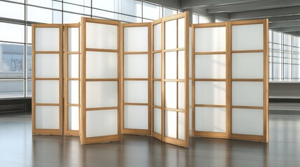 Folding wooden divider with glass panels adds privacy while letting in light between zones