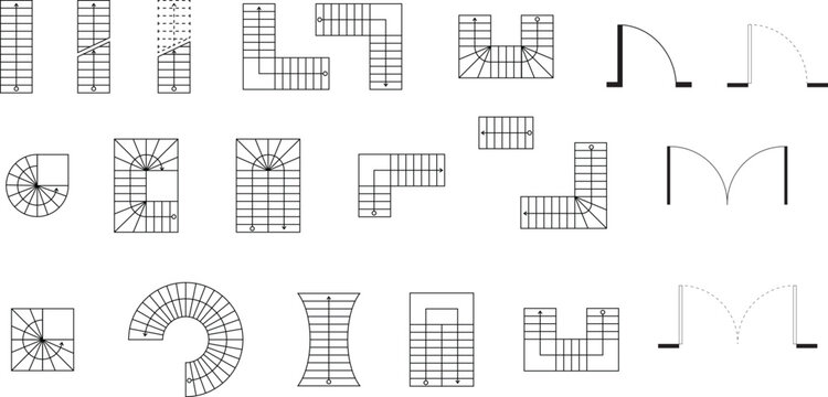 Type of stairs and type of doors, architectural elements for the floor plan, blueprint, customizable stroke, vector, illustration