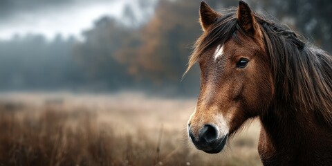 Obraz premium Majestic horse stands gracefully in a misty field during dawn