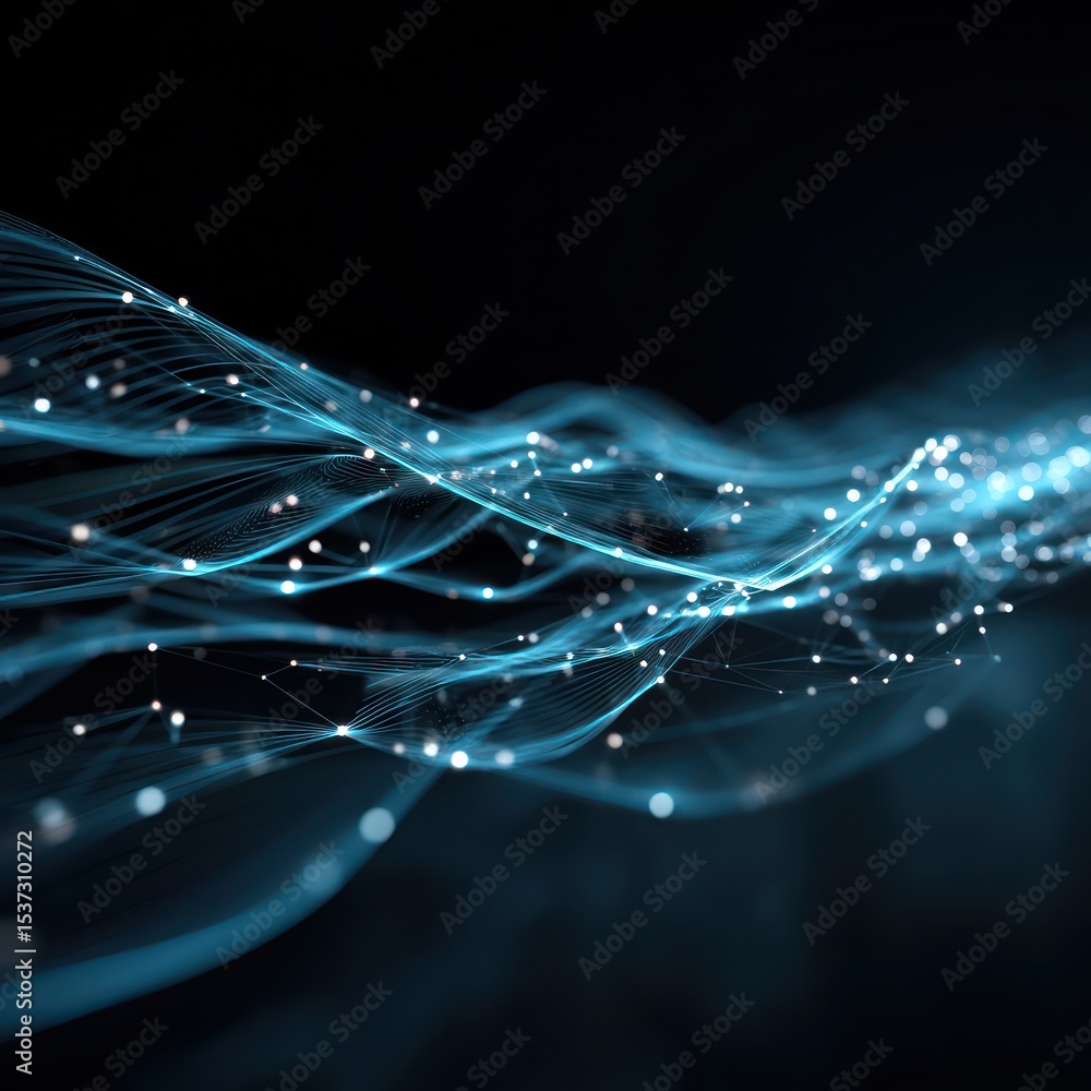 Poster digital light patterns moving across data nodes, representing a flowing data network.