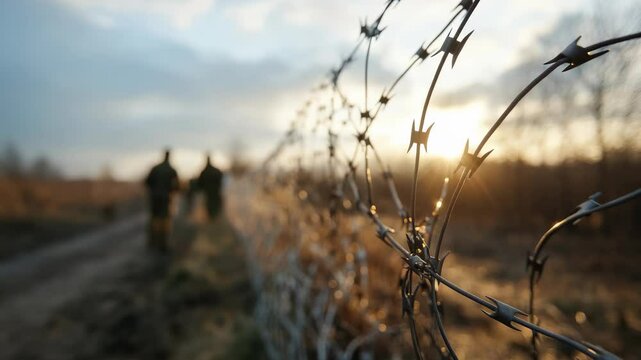 Fence vision: barbed enclosure, limit marker, no-passage trace, migration edge, restriction field, exile sign, perimeter tension, crossing alert, asylum warning, expulsion barrier, border threat.