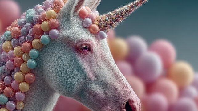 Magical unicorn with colorful candy decorations against a pastel balloon backdrop