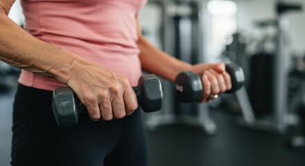 Fit elderly lady performing strength exercises with dumbbells outdoors.