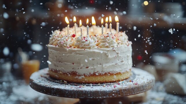 Festive birthday cake, snow falling