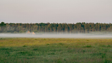 Misty Morning Landscape with Rustic Country House Surrounded by Quiet Meadow and Forest