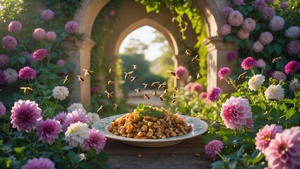 Bees flying around food plate in flower garden with arches