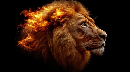 Fototapeta premium Fiery lion profile on black