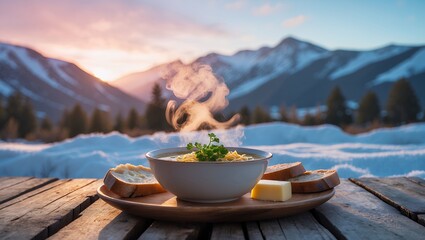 Serving hot soup with bread and butter on a snowy day