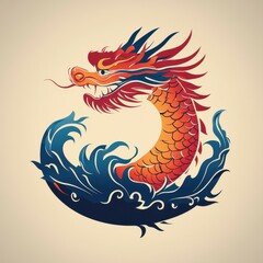 Colorful dragon design rising from ocean waves in a dynamic art style
