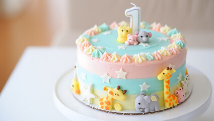 Pastel first birthday cake with adorable animal decorations