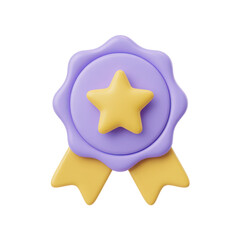 Purple award badge with yellow star and ribbons isolated on transparent background