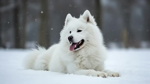 A fluffy white Samoyed dog lying in the snow, surrounded by a serene winter landscape with falling snowflakes