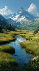 Majestic mountain landscape with a tranquil river flowing through green meadows on a clear sunny day