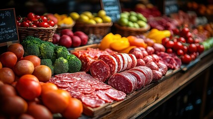 Fresh produce and cured meats at a market stall