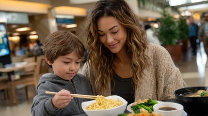 Mother and son share joyful times at a food court, savoring ramen and laughter with a variety of delicious dishes on the table