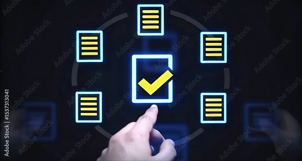 Poster digital document icons with checkmarks on dark background. 3d rendering. check list icon