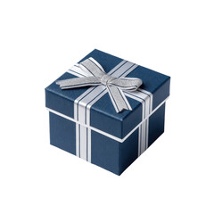 Elegant blue gift box with silver ribbon and bow, perfect for celebrations and special occasions on transparent background
