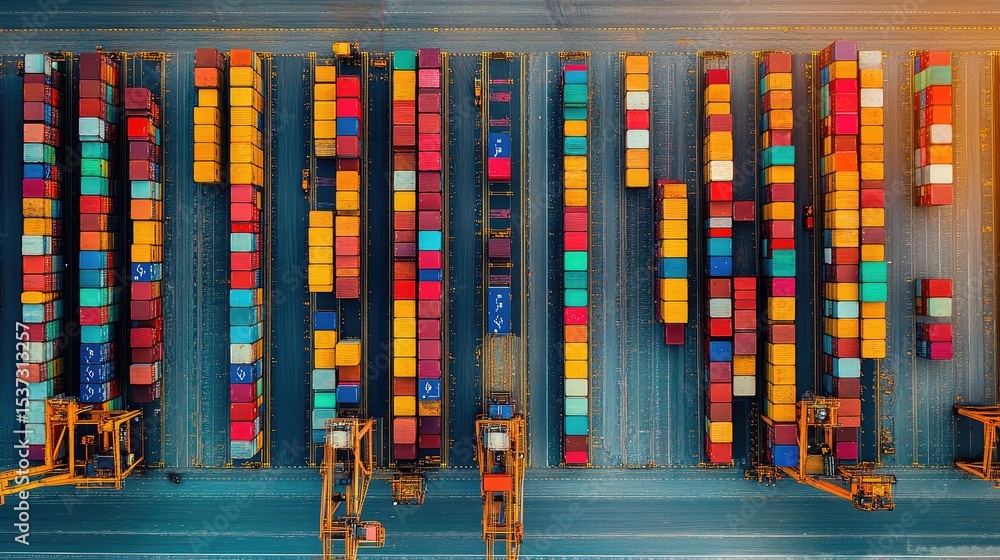 Poster aerial view of cargo containers arranged in rows at a busy shipping yard, symmetry and order