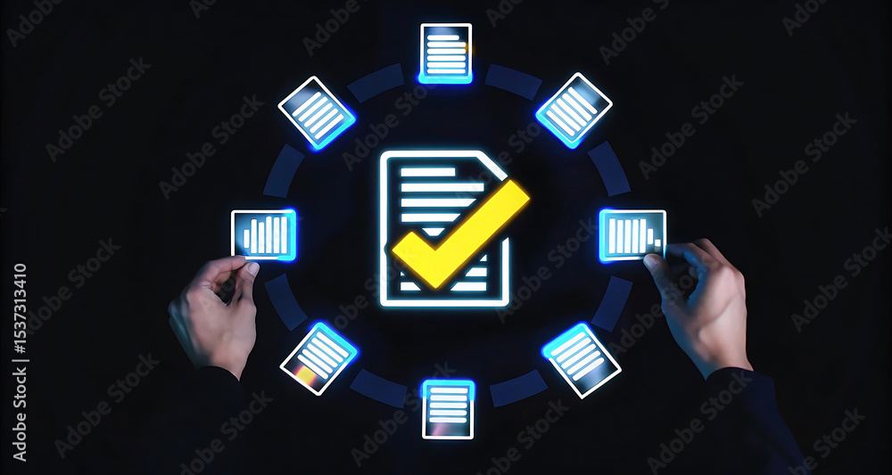 Poster digital document icons with checkmarks on dark background. 3d rendering. check list icon