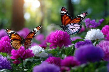Fototapeta premium Monarch butterflies flutter among vibrant flowers in a lush garden during golden hour
