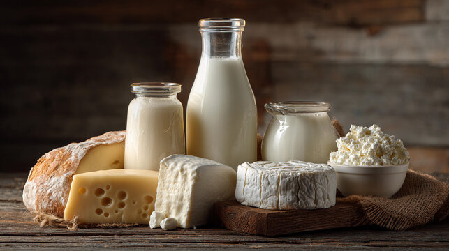 Assorted dairy products displayed on wooden surface in rustic setting