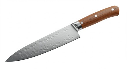Chef&rsquo;s knife with steel blade and wooden handle, realistic metal reflections, isolated on transparent background