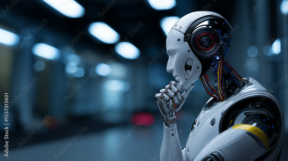 Poster a humanoid robot with visible internal components is captured in a pensive pose, suggesting deep tho