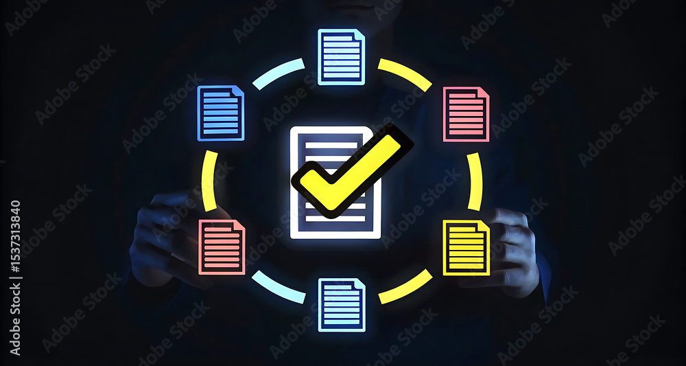 Poster digital document icons with checkmarks on dark background. 3d rendering. check list icon