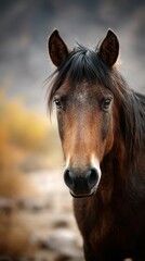 Fototapeta premium Close-up view of a brown horse with a shiny coat and expressive eyes in a natural outdoor setting during daylight