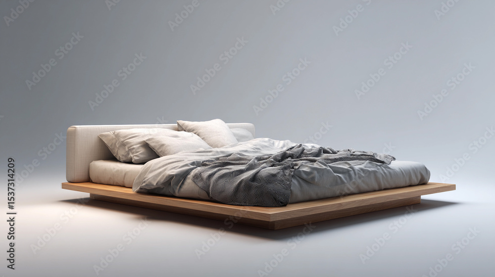 Poster modern minimalist bed design with layered bedding and soft textures