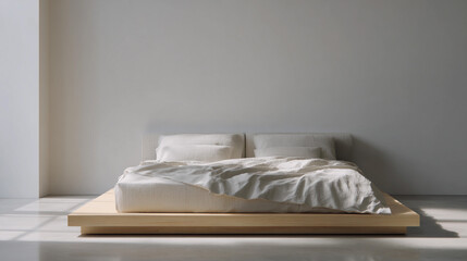 Bright minimalist bedroom with wooden bed and soft linens