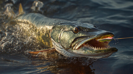 Large predator fish caught using artificial lure in clear water
