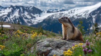 Alert marmot surveys a mountain meadow dotted with colorful wildflowers, with snow-capped peaks in the background under a cloudy sky.