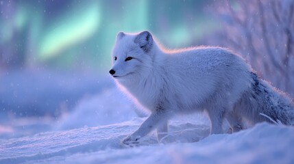 Fototapeta premium Arctic fox ventures across a snowy terrain under the aurora borealis, illuminated by soft light, creating a serene and wintry tableau.