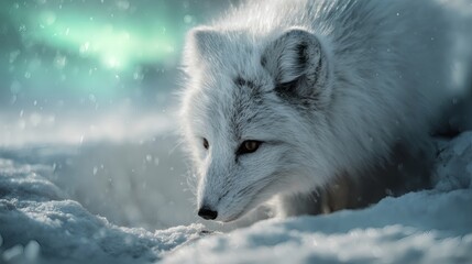 Obraz premium A majestic Arctic fox with snow-white fur peers intently into the snowy landscape, capturing the essence of winter's beauty and resilience.