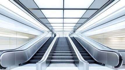 Obraz premium Long, empty escalator in underground metro with industrial ceiling pipes overhead