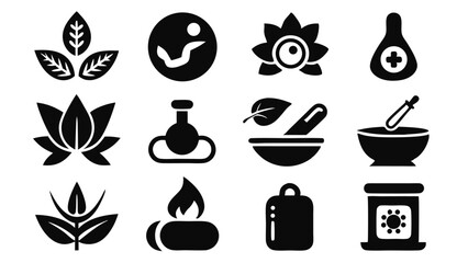 Black and white icons representing holistic wellness and natural healing elements