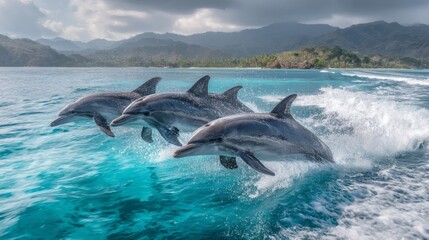 Fototapeta premium Three dolphins leaping from the ocean waves with lush coastal scenery in the background under a cloudy sky, creating an aquatic spectacle.