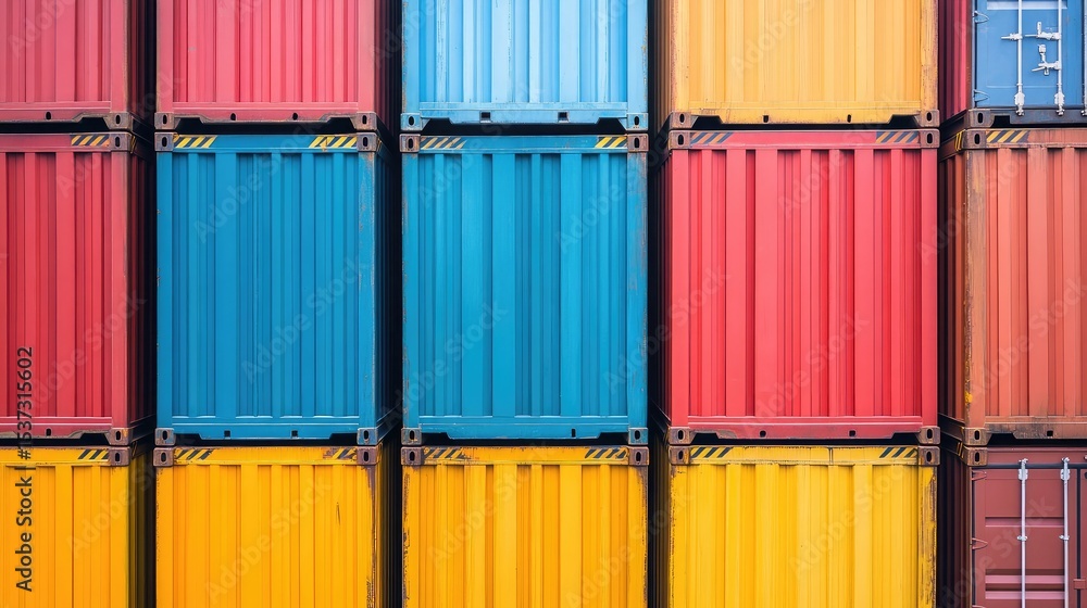 Poster shipping containers aligned in a grid pattern at an international transport hub