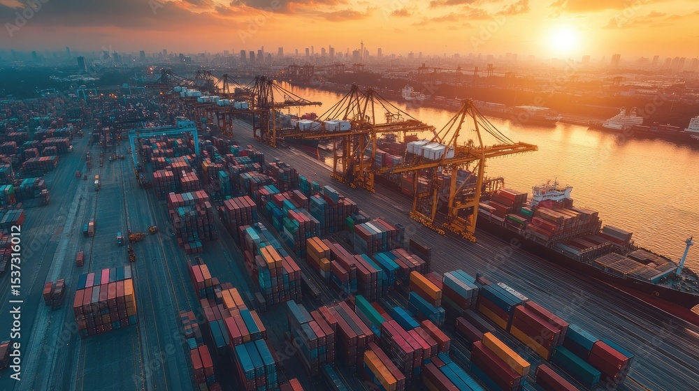 Aufkleber time-lapse styled image of containers being loaded at twilight in a global port