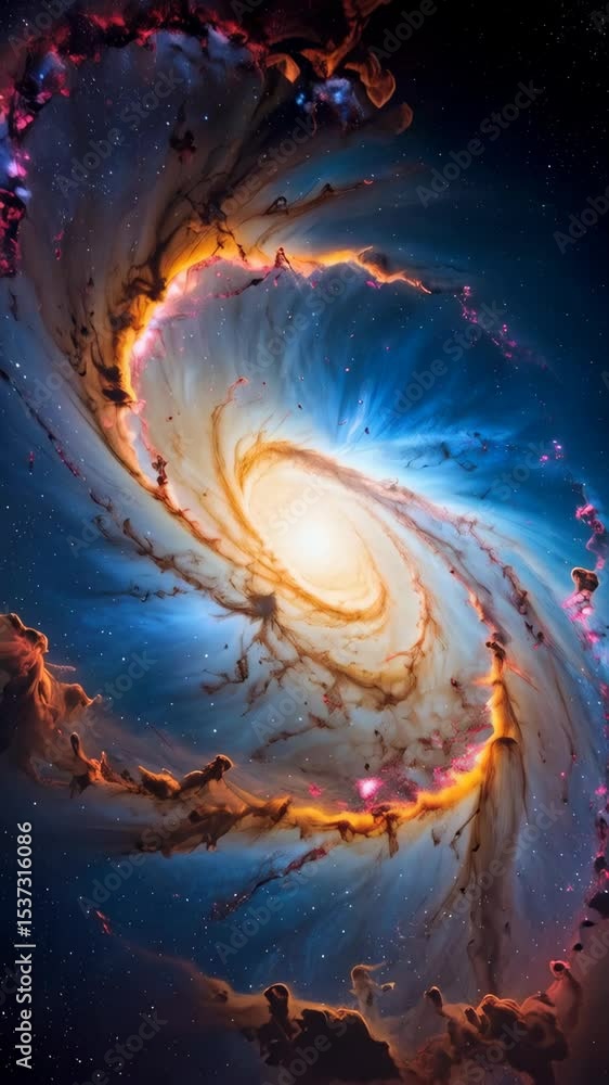 Poster dramatic digital rendering showing a vibrant, spiraling galaxy with swirling nebula clouds and a bri
