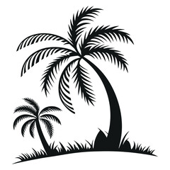 Fototapeta premium A tropical beach at sunset features a striking palm tree silhouette against the summer sky, embodying a perfect island vacation