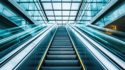 Obraz premium Vertical view of long escalator in narrow tunnel-like commercial structure