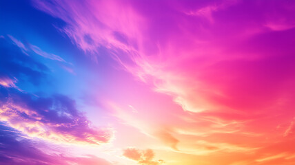 Obraz premium Pink, blue and purple clouds in the morning sky background pattern. Sunset or sunrise background. Decorative horizontal banner. Digital artwork raster bitmap illustration. AI artwork.