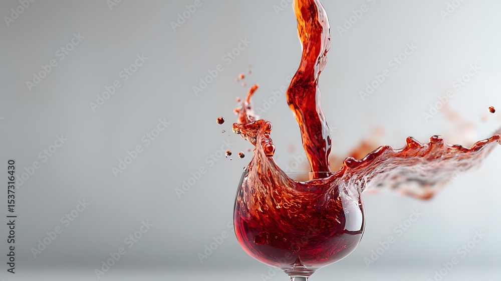 Poster vibrant crimson liquid dramatically splashes and spills from a clear glass on a soft gray backdrop c