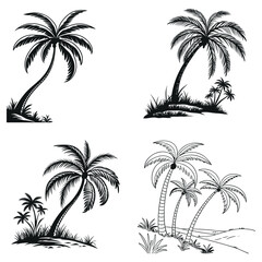 Fototapeta premium Tropical palm tree vector silhouettes on a beach at sunset, perfect for summer island designs and nature travel illustrations